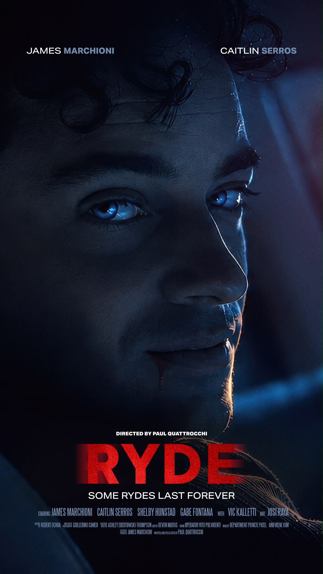 The RYDE movie poster, a blue-lit close-up of a smiling man with glowing eyes above a red RYDE title and the tagline Some Rydes Last Forever